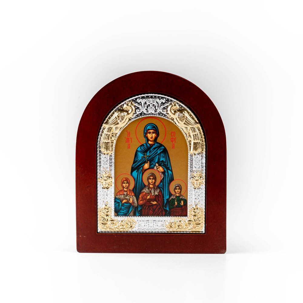 Oβάλ επάργυρη-επίχρυση εικόνα επικαθήμενη σε καφέ ξύλο 7x10