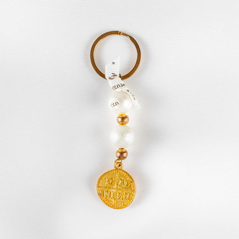 Μαρτυρικό βάπτισης μπρελόκ διακοσμημένο με πέρλες, κορδελάκι και κωνσταντινάτο