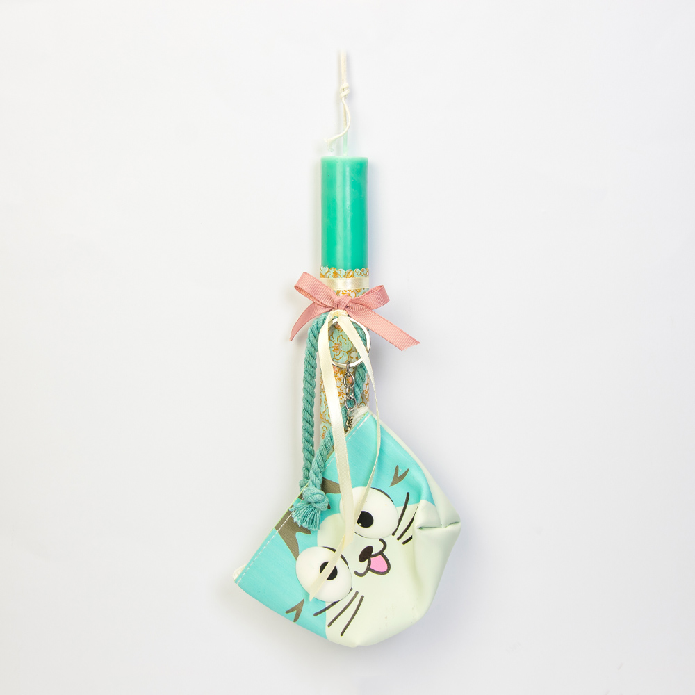 Τυρκουάζ λαμπάδα με πορτοφολάκι γατάκι